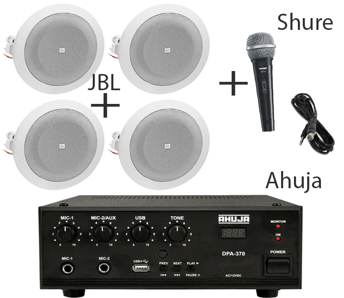 Ahuja DPA 370 PA Digital Mixer - Amplifier With JBL 8124 Ceiling Speaker, Shure Microphone Package #KK03