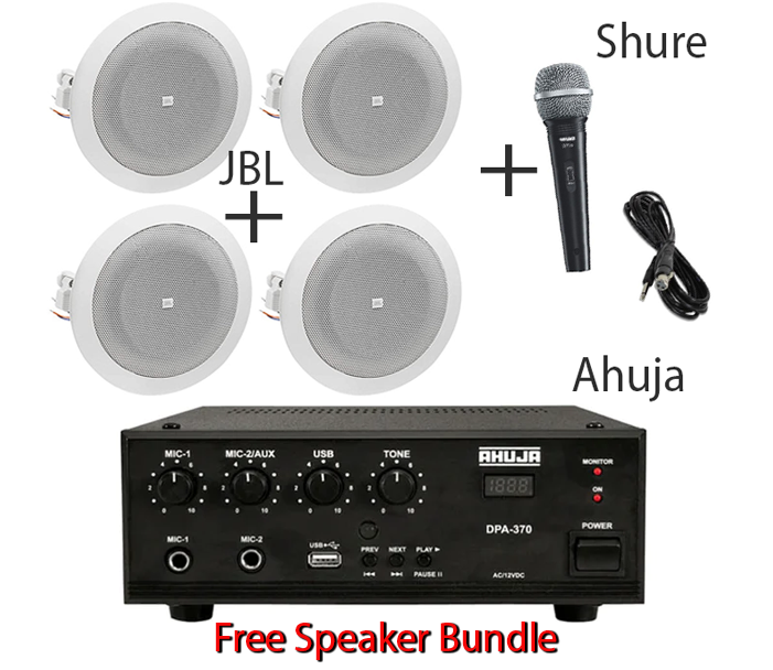 Ahuja DPA 370 PA Digital Mixer - Amplifier With JBL 8124 Ceiling Speaker, Shure Microphone Package #KK03