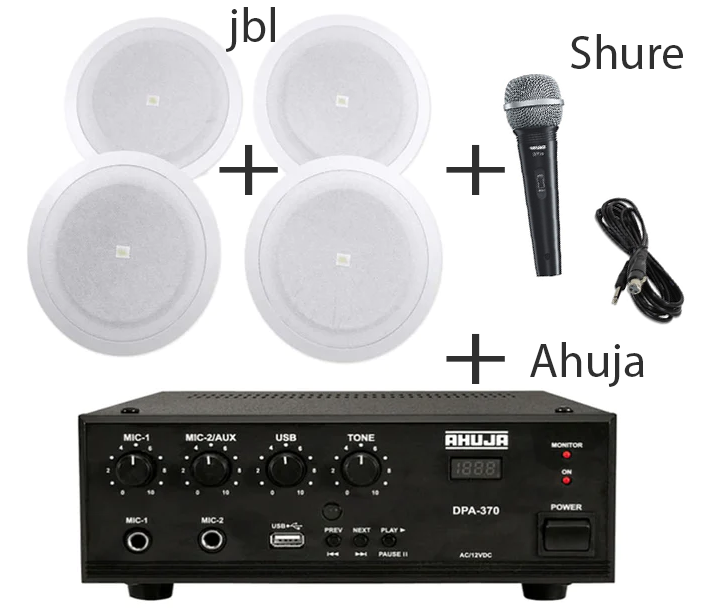 Ahuja DPA 370 PA Digital Mixer - Amplifier With JBL 8124 Ceiling Speaker, Shure Microphone Package #KK03