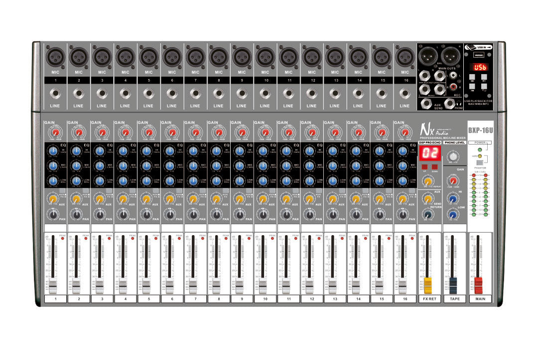 NX Audio BX-16U – 16-Channel Live Mixer with USB Playback & DSP Effects