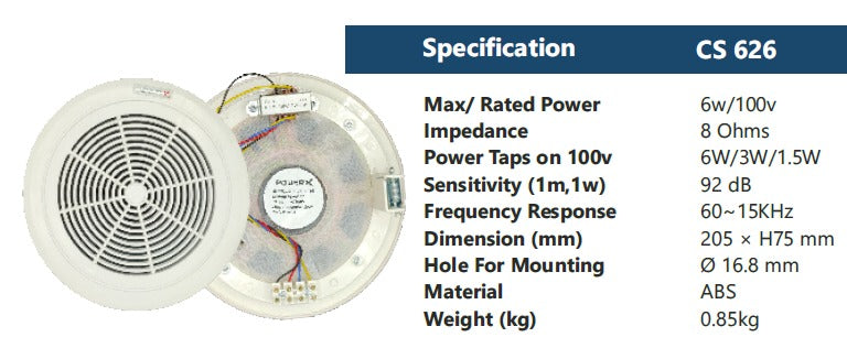 PowerX CS626  6" 6W Ceiling Speaker /  Plastic Grill  - Set of 10