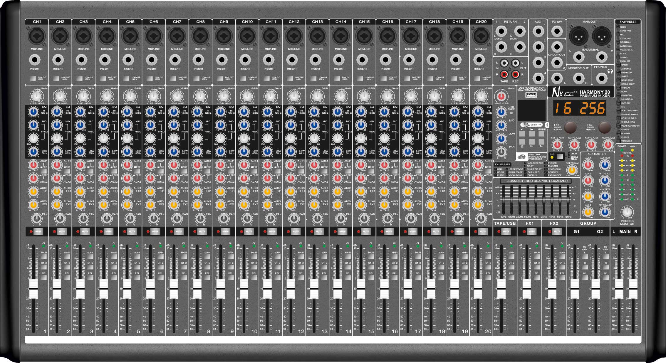 NX Audio Harmony 20 - Professional 20-Channel Analogue Mixer
