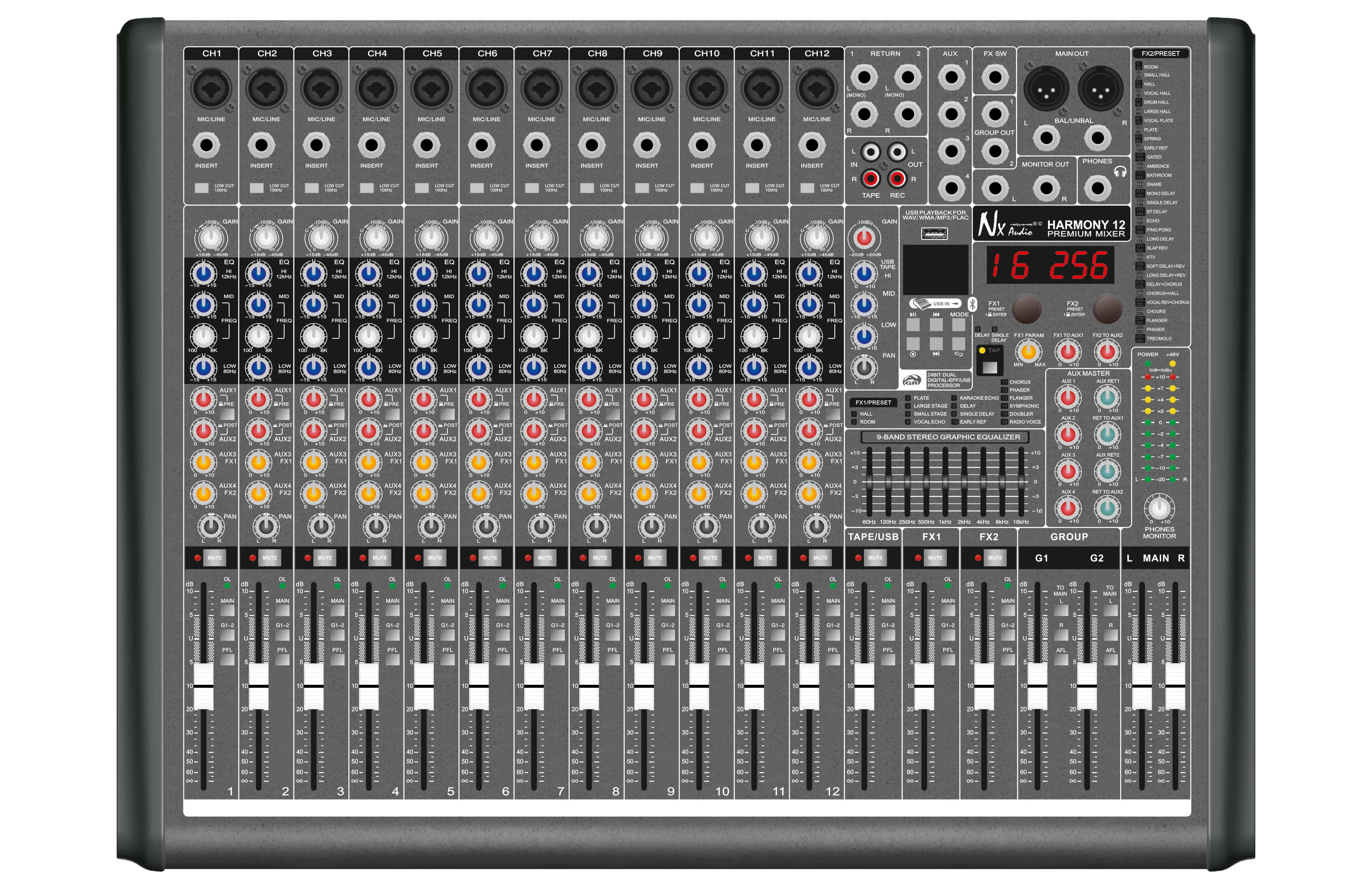 NX Audio Harmony 12 – 12-Channel Analogue Mixer with USB & Effects