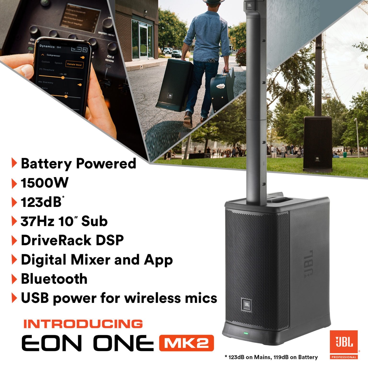 JBL EON ONE MK2 All-In-One Rechargeable Column PA Loudspeaker With Built-In Mixer and DSP (Each)