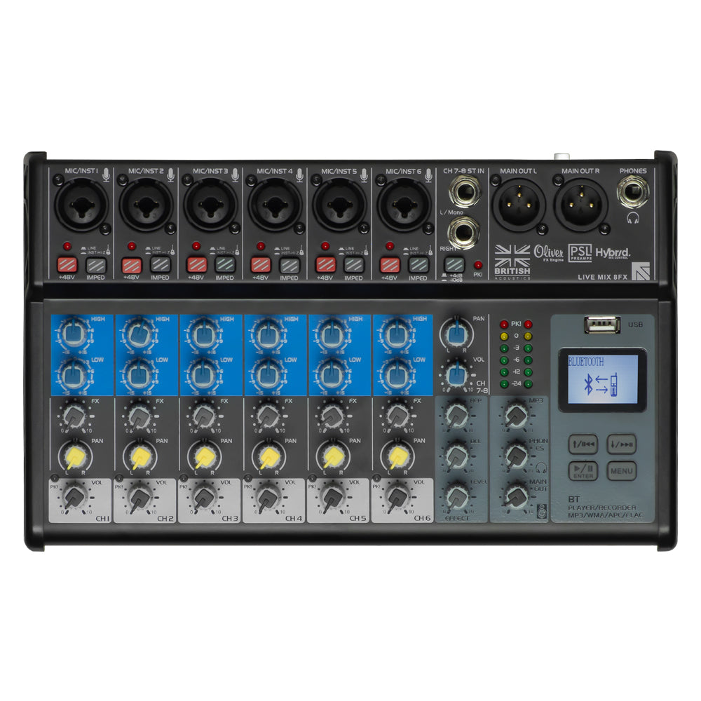 British Acoustics LiveMix 8.2FX - 8 Channel Compact Analogue Mixer with Bluetooth, USB & Effects