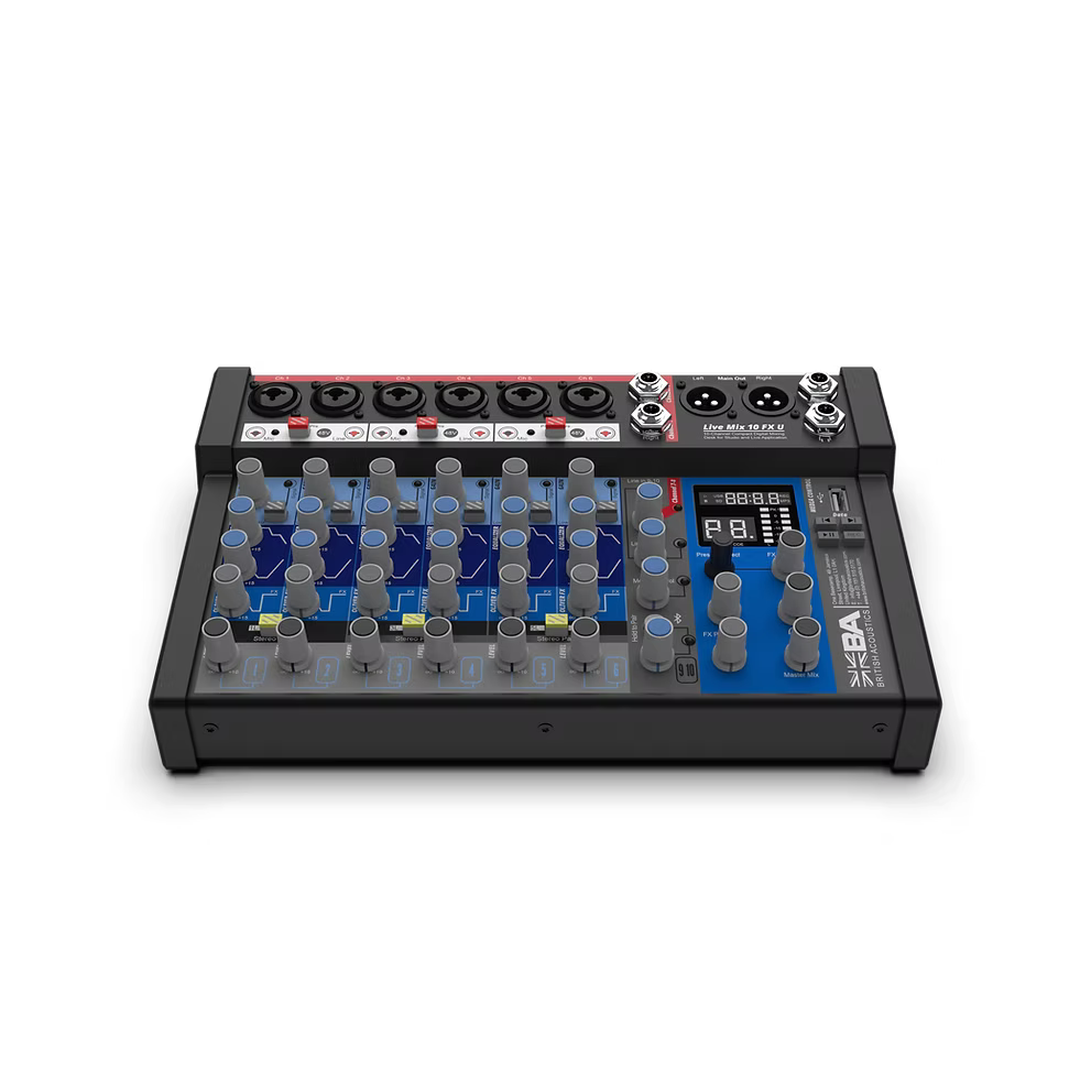 British Acoustics LiveMix 10 FXU – 10‑Channel Compact Analogue Mixer with Dual FX & USB