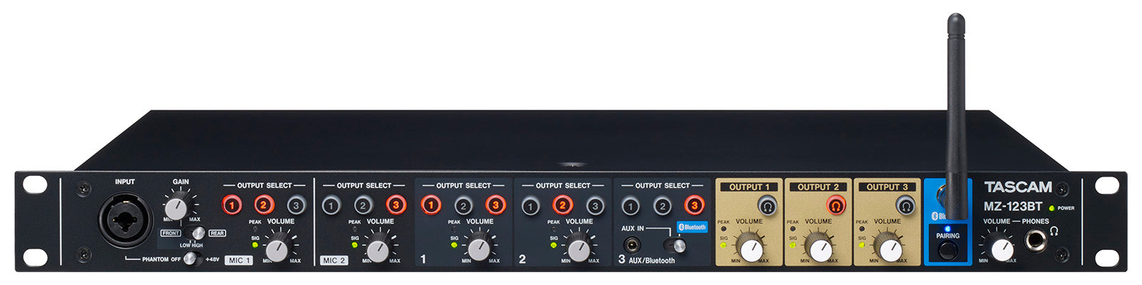 TASCAM MZ-123BT Professional 3-Zone Installation Mixer with Bluetooth, Mic Inputs, and Euroblock Outputs for Commercial Audio Distribution - Audiomaxx India