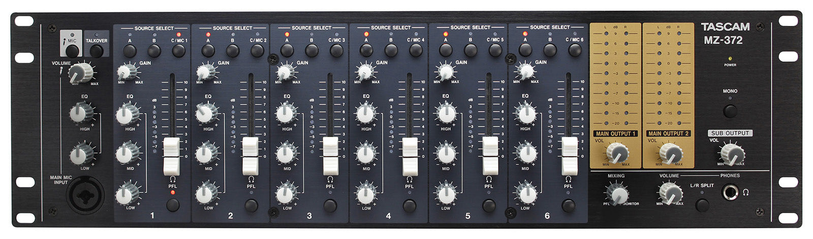 TASCAM MZ-372 Professional 7-Channel Installation Mixer with Dual Zone Outputs, Phono Support, Talkover Function, and 3U Rackmount Design for Commercial Audio Systems - Audiomaxx India