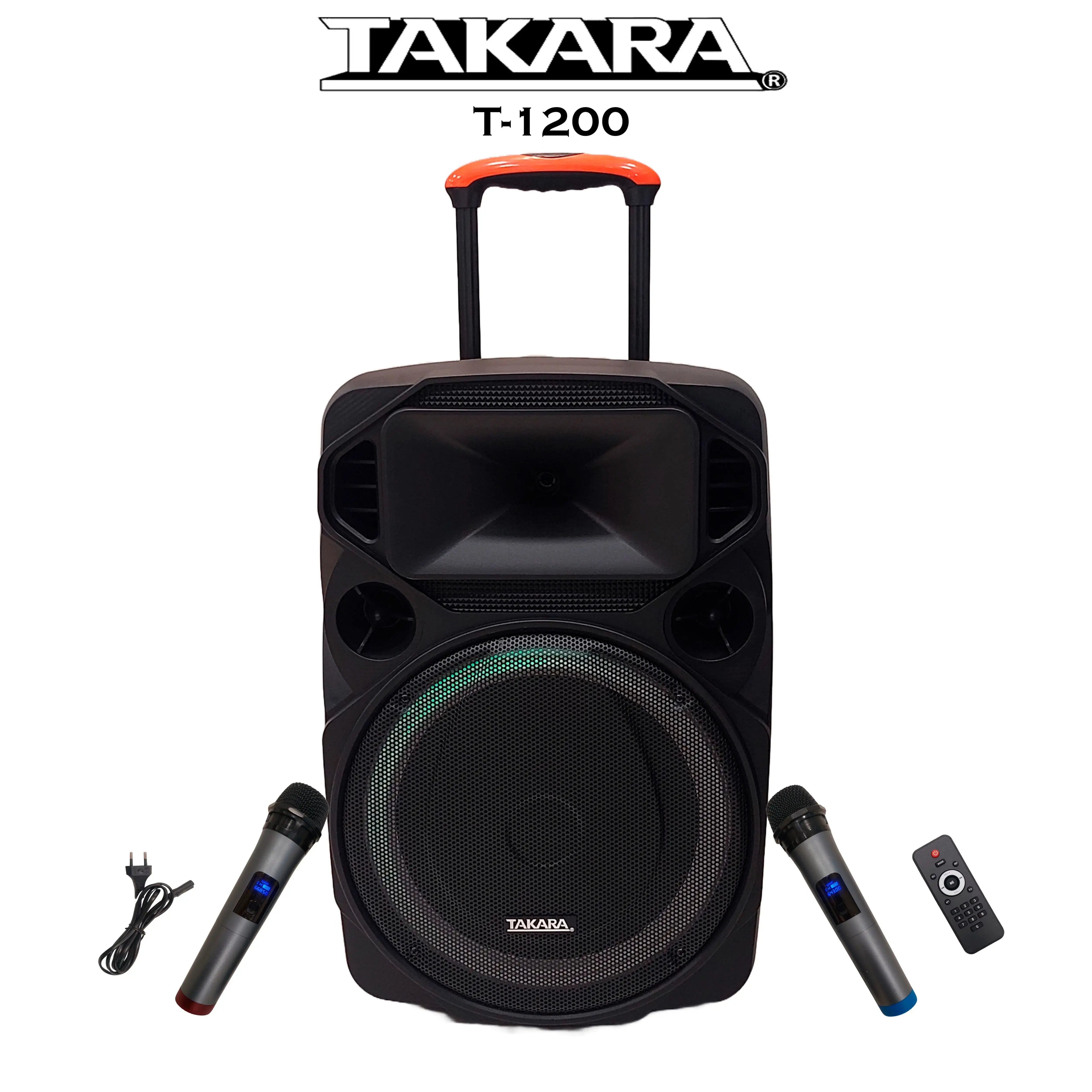 TAKARA T1200 New Karaoke Party Portable Trolley Speaker 150W RMS with 2 Wireless Mic and Rechargeable Battery Heavy Bass with Multimedia BT, Karaoke with Audio Recording, USB, SD,FM PA System