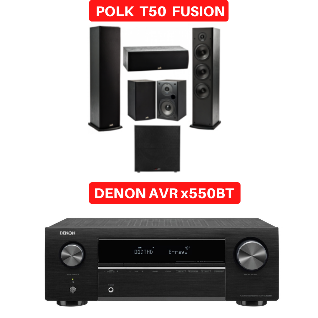 Denon X250BT With Polk T50 Fusion Tower Speaker Set - Dolby 5.1 Home Theater Package # AM501014 - Best Home Theatre Systems - Audiomaxx India