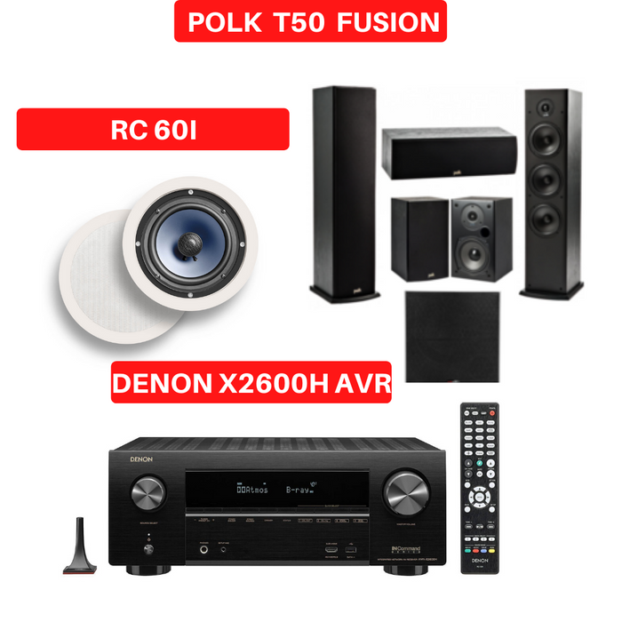 Denon X2600H Audio-Video Receiver With Polk Audio T50 Fusion Tower Speaker Set - Dolby Atmos  7.1 Home Theater Package # AM701019 - Best Home Theatre Systems - Audiomaxx India