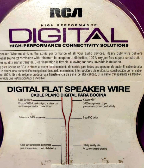RCA Flat Speaker Wire, Oxygen Free, High Performance 50 ft / 15.2 m