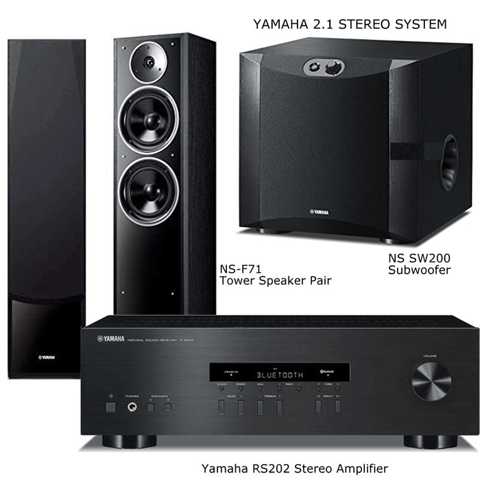 Yamaha RS202 Stereo Amplifier Bluetooth Receiver+ NSF71 Tower Speakers + NS-SW200 Subwoofer - 2.1 Stereo Music System # AM201032 - Best Home Theatre Systems - Audiomaxx India