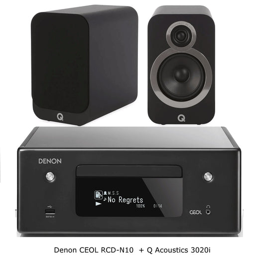 Denon CEOL-RCDN10 Compact HiFi Network Stereo Amplifier With FM, Built-In CD Player+Q Acoustics Q3020i Bookshelf Speakers - 2.0 Stereo Music System # AM200044 - Best Home Theatre Systems - Audiomaxx India