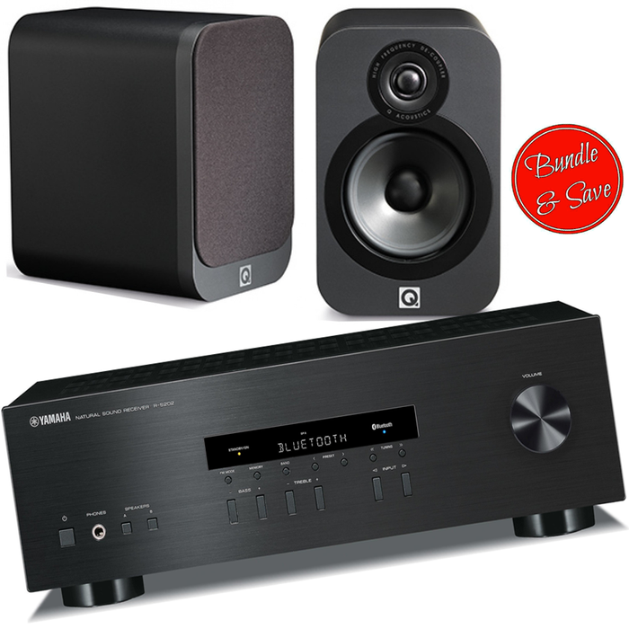 Yamaha RS202 Amplifier FM Bluetooth With Q Acoustics Q3020i Bookshelf Speakers - 2.0 Stereo Music System # AM200003 - Best Home Theatre Systems - Audiomaxx India